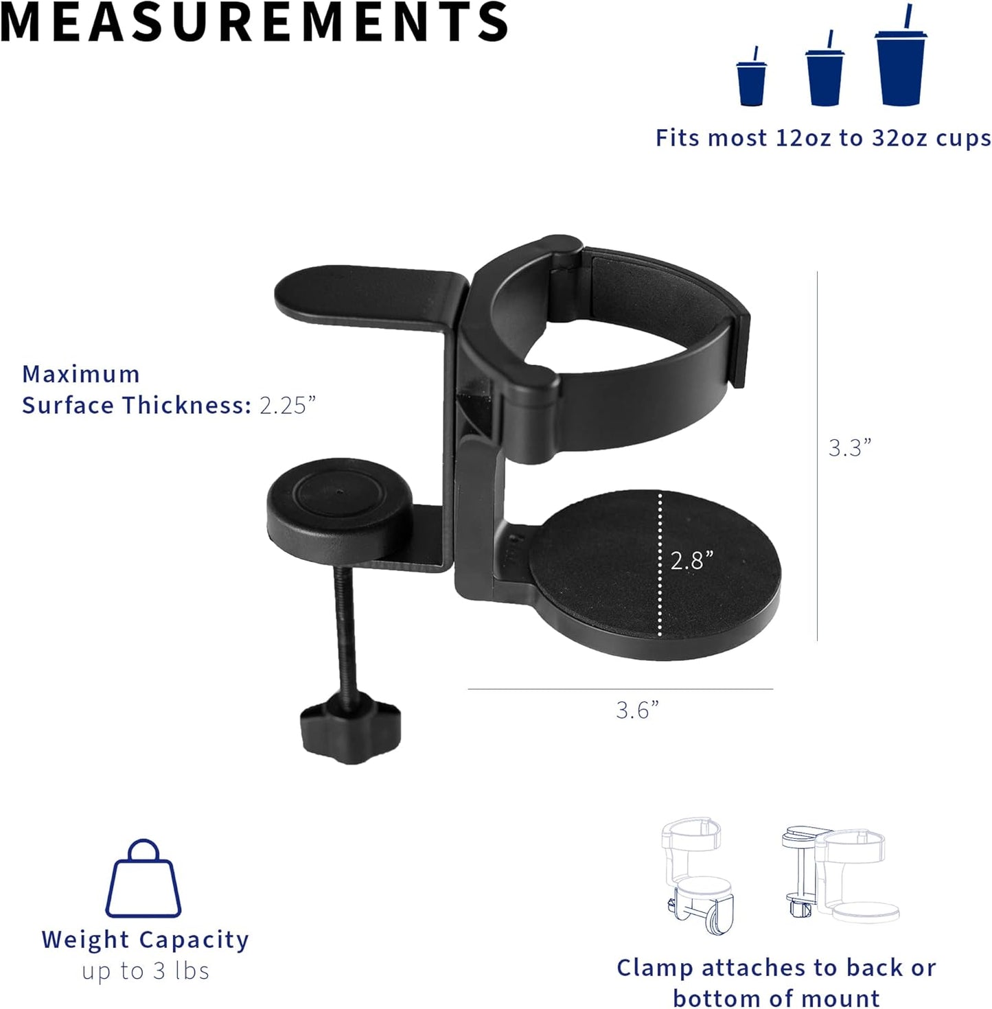VIVO Clamp-on Desk and Bed Cup Holder, No Spill Adjustable Drink Mount, Support for Hydro Flasks, Coffee Mugs, Easy to Install, Horizontal or Vertical Surface Mounting, Black, Mount-CUP1