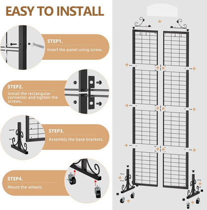 Urban Deco Grid Wall Panel Display Stand, 2.2' x 6.2' FT Gridwall Panel with Extra 8 Hooks, Craft Show Display Rack Black Metal Grids Standing Wire Rack for Retail Merchandise