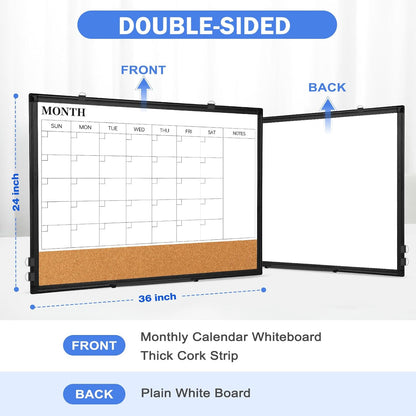 Weekly Dry Erase Calendar Whiteboard for Wall, 24" x 18" Double-Sided Weekly Planner White Board Cork Combo, Hanging & Wall Mount Week Bulletin Board with Notes for Home, Office, School, Kitchen