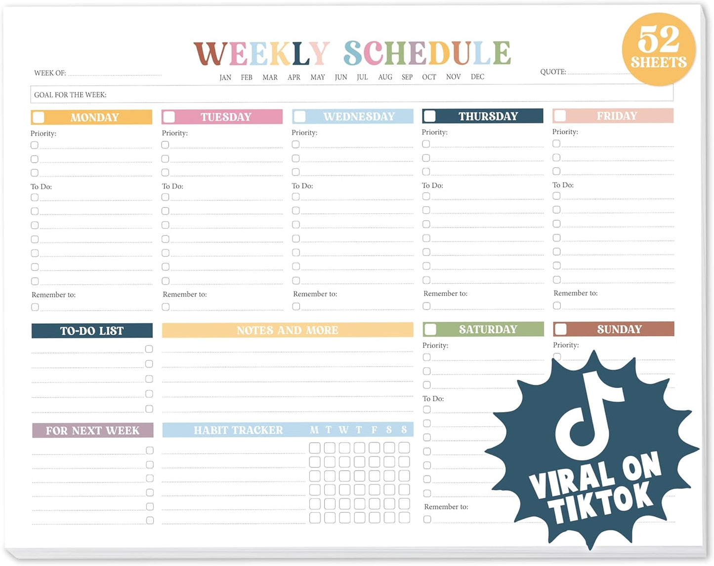Weekly To Do List Notepad Undated (52 Sheets, 8.5 x 11") – Large Weekly Planner Desk Pad for Work, School & Home, Simple Productivity Organizer - Rainbow Boho