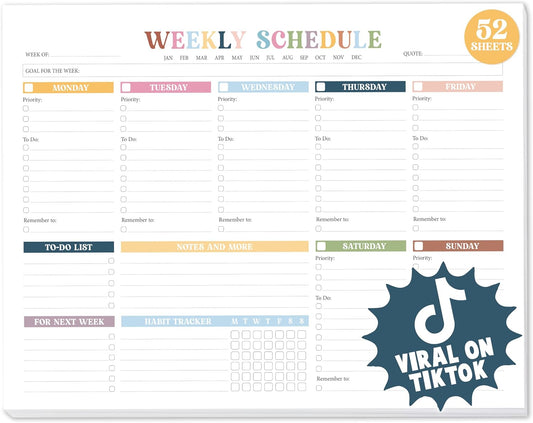 Weekly To Do List Notepad Undated (52 Sheets, 8.5 x 11") – Large Weekly Planner Desk Pad for Work, School & Home, Simple Productivity Organizer - Rainbow Boho