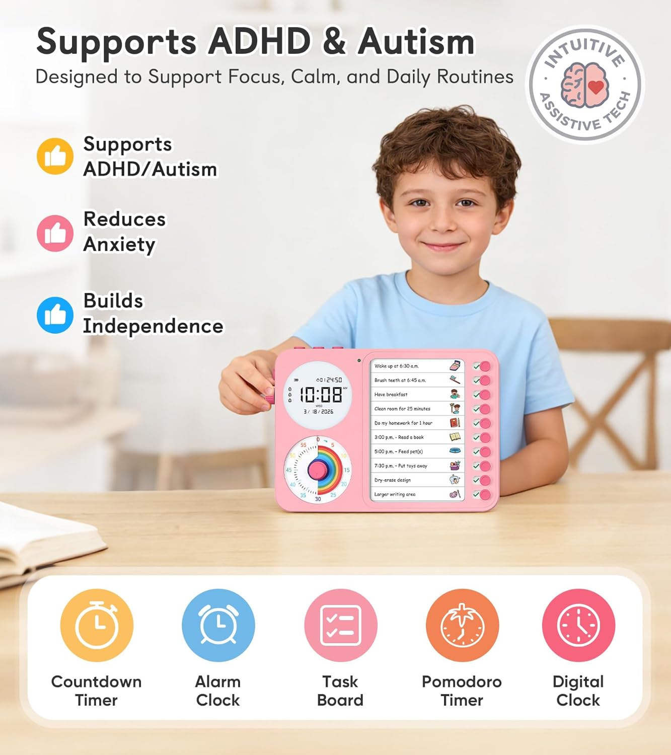 3-in-1 Visual Timer & ADHD Tool for Kids – ADHD Task Timer for Adults with Visual Schedule, Chore Chart & Planning Board for Home, School, Classroom, Work (White)