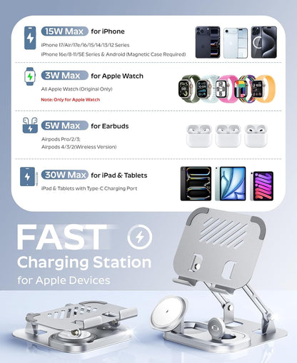 Meifigno 65W 5 in 1 Charging Station for Apple Multiple Devices, with 30W Fast Wired Charging Stand for iPad/Tab, Foldable Wireless Charger Design for Magsafe Charger for iPhone 17 16 /iWatch/AirPods