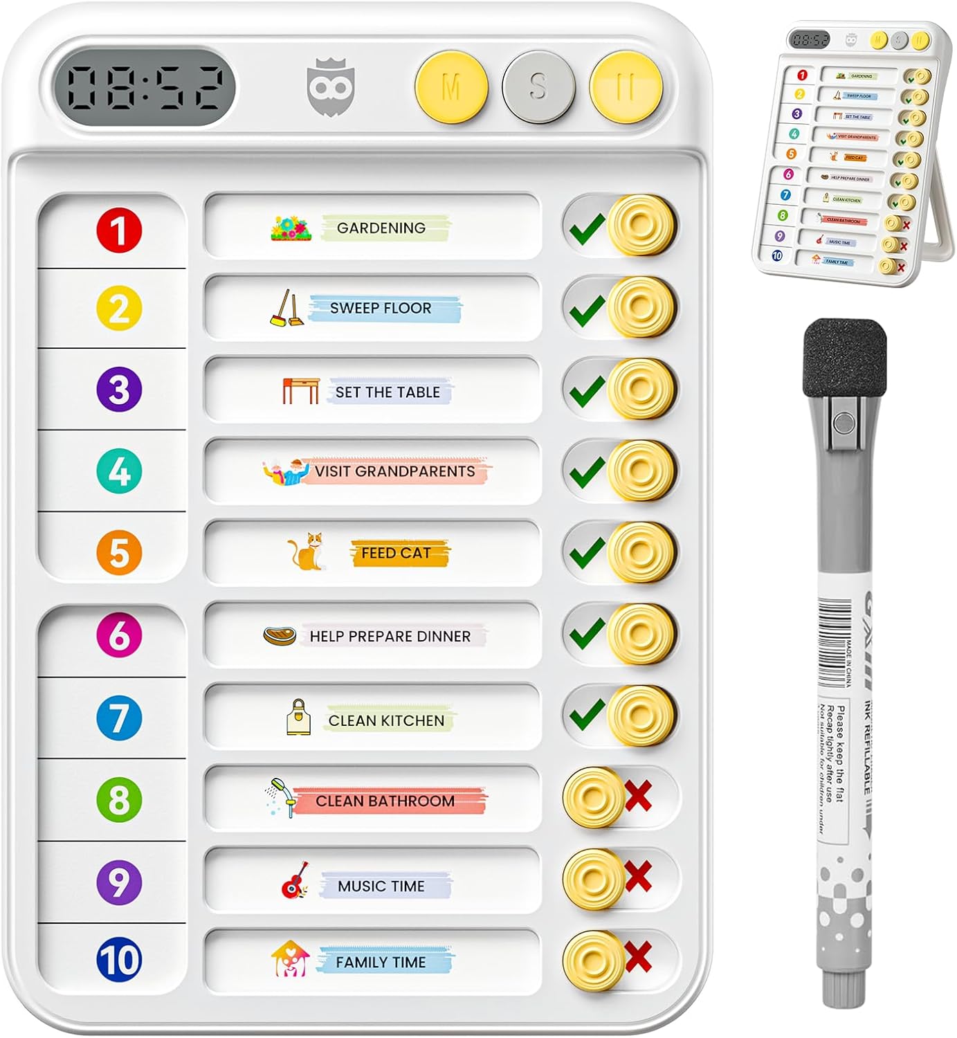 Chore Chart for Kids, Checklist Planning Board with Sliders, 19 Personalizable Sheets and Magnetic Marker, ADHD Tools for Kids to Do List Routine Chart Visual Schedule Board with Stand