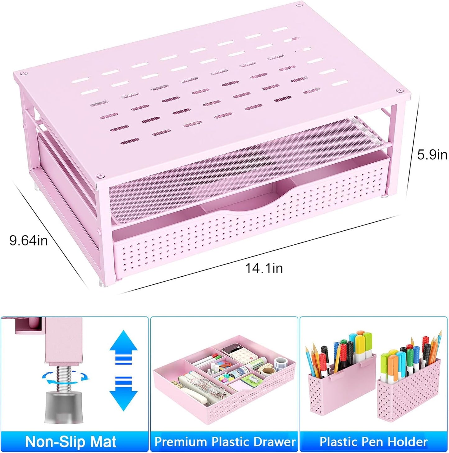 gianotter Monitor Stand Riser, Office Desk Shelf Organizer, Desk Organizer with Drawer and Pen Holder, 2-Tier Computer Stand, Office Organization (Ink)