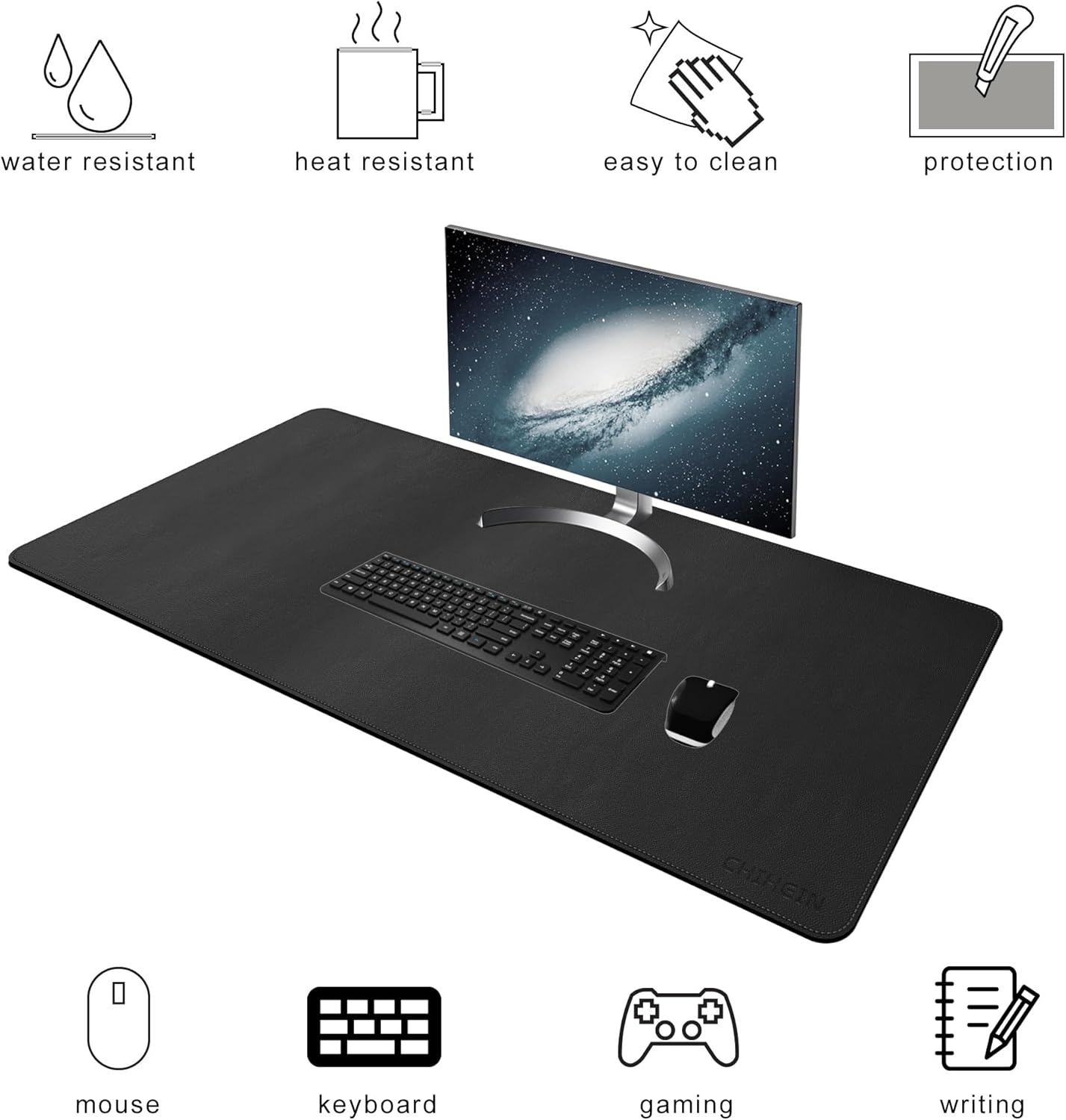 Chihein 2XL 35" x 16" Cork & PU Leather Desk Mat, Dual Sided Desk Pad Protector, Waterproof Writing Blotter for Gaming, Office, Home (Black)