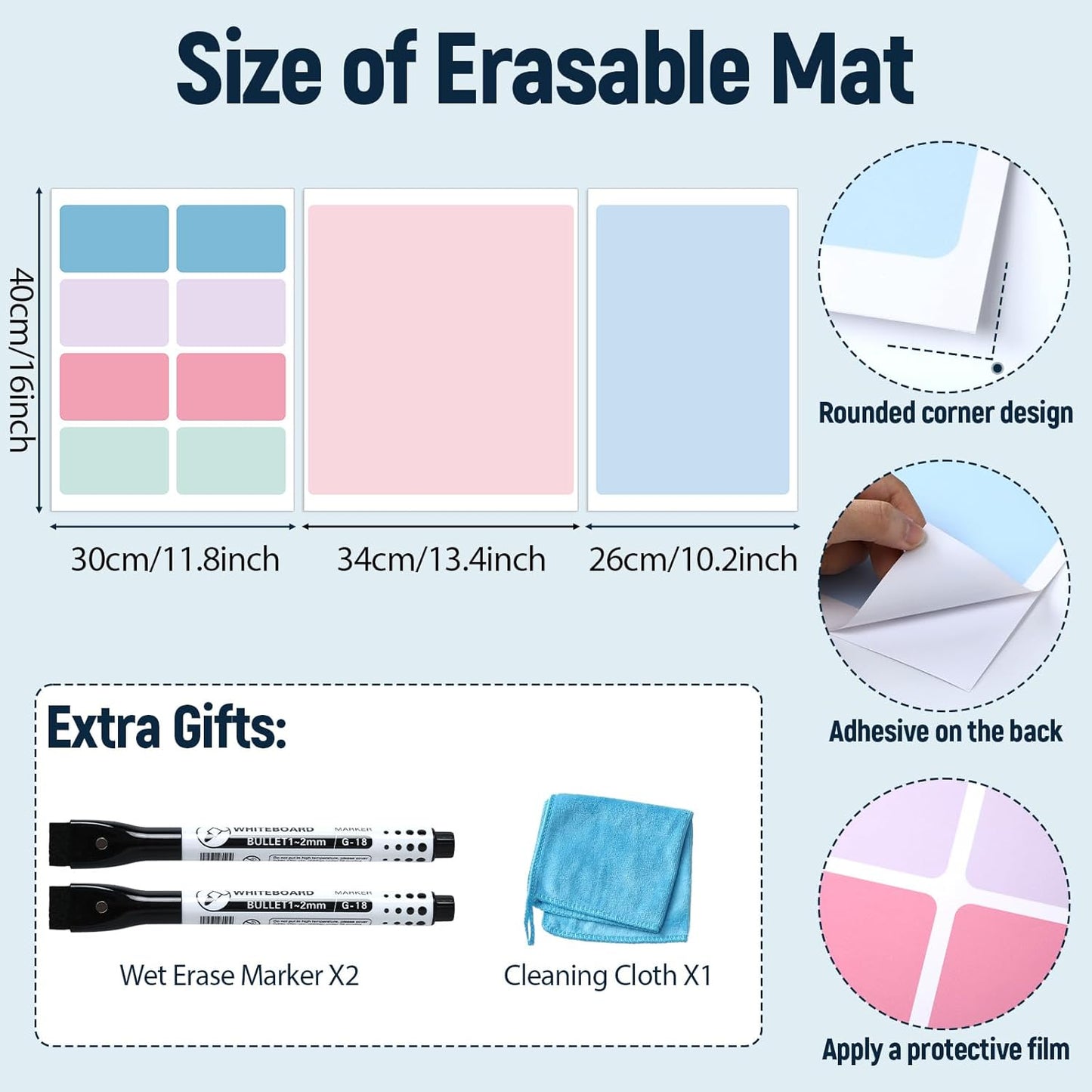 Dry Erase Desk Mat, Large Mouse Pad, Erasable Writing White Board for Making Plans, Self Adhesive Desktop Protector with 2 Wet Erase Markers & 1 Eraser for Home Office School 36"x16" (Pink Blue)