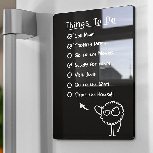 Acrylic Small Magnetic Dry Erase Board for Fridge, 8"x6" Desktop Whiteboard With Stand & Markers for Home Office School, Magnetic Note Meal Planner Grocery List Pad, Black