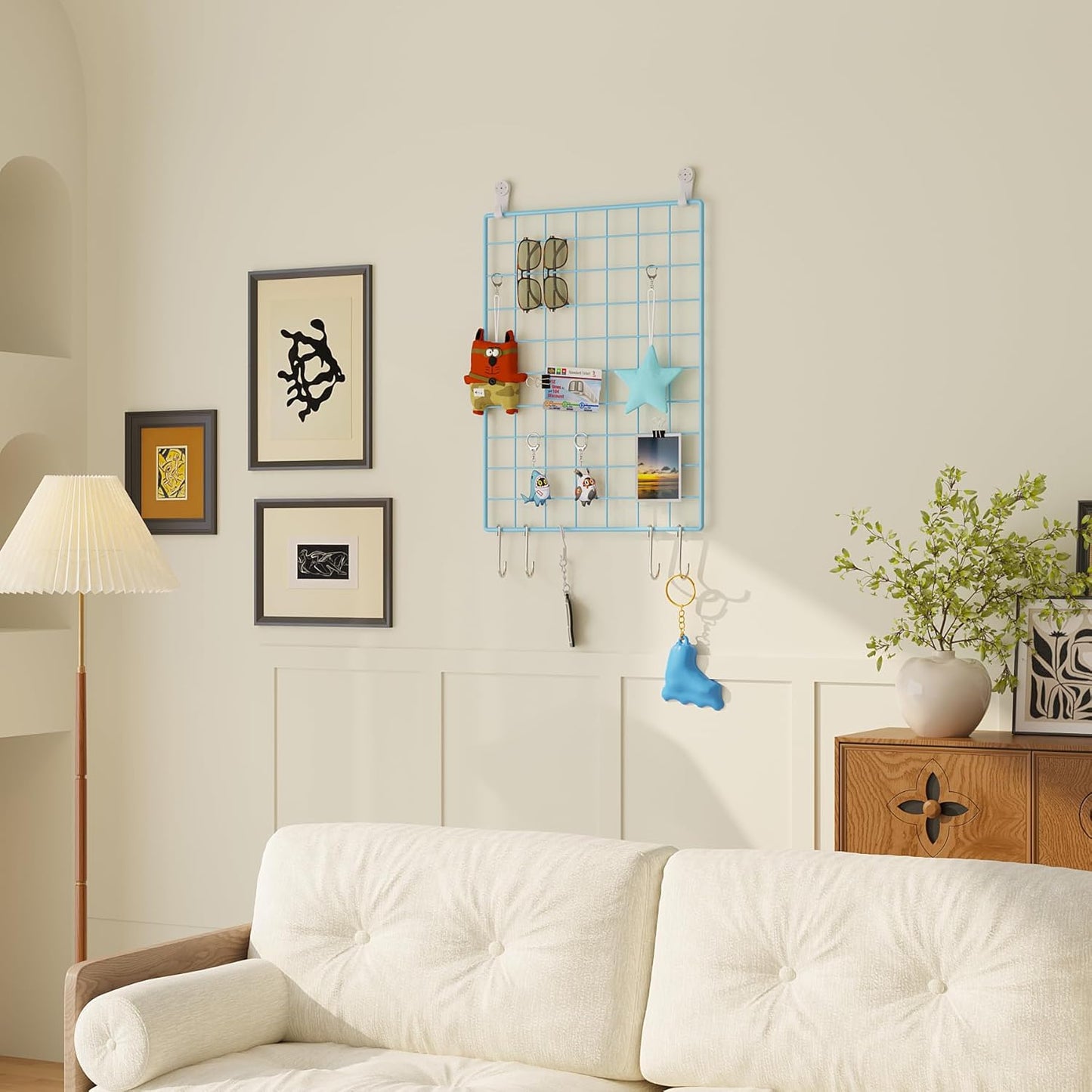 C&AHOME Photo Wall Display Set of 2, Grid Panel with Hooks, Clips, Hemp Cord, Hammer - 15.7" x 11.8", White UWWGM3402W