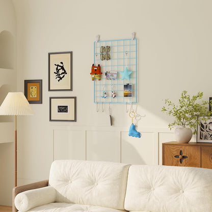 C&AHOME Photo Wall Display Set of 2, Grid Panel with Hooks, Clips, Hemp Cord, Hammer - 15.7" x 11.8", White UWWGM3402W