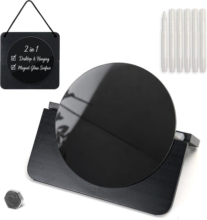 Magnetic Glass Desktop Whiteboard with Solid Wood Stand, Adjustable Foldable Mini Dry Erase Board, 2-in-1 Tabletop & Hanging Glassboard with Rustic Rope, Reusable Home Office School, Black and Square