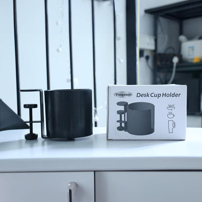 Yinqster 360° Deep Desk Cup Holder with Extra Wide Clamp, Anti-Spill Clip on Cup Holder for Desk, Rotating Table Mug Holder for Office & Gaming Accessories to Hold Stanley YETI Bottles, Bottle Racks