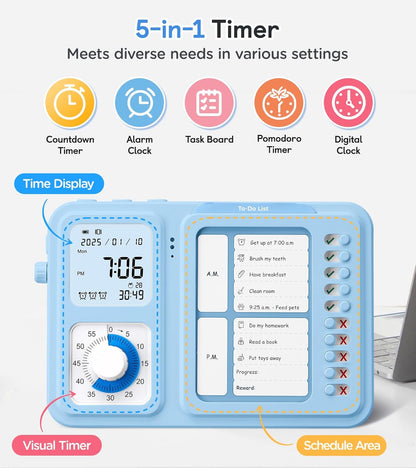 3-in-1 Visual Timer & ADHD Tool for Kids|Adults, Task Timer with Chore Chart Board, Visual Schedule for Kids with Autism, Daily Checklist for Home, School, Classroom, Desk