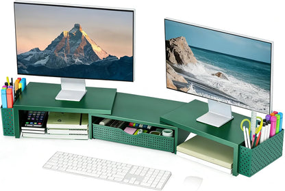 Spacrea Metal Desk Organizers and Accessories, Dual Monitor Stand Riser with Drawer and 2 Pen Holders, Desk Accessories & Workspace Desktop Organizers for Office Supplies (Wood)