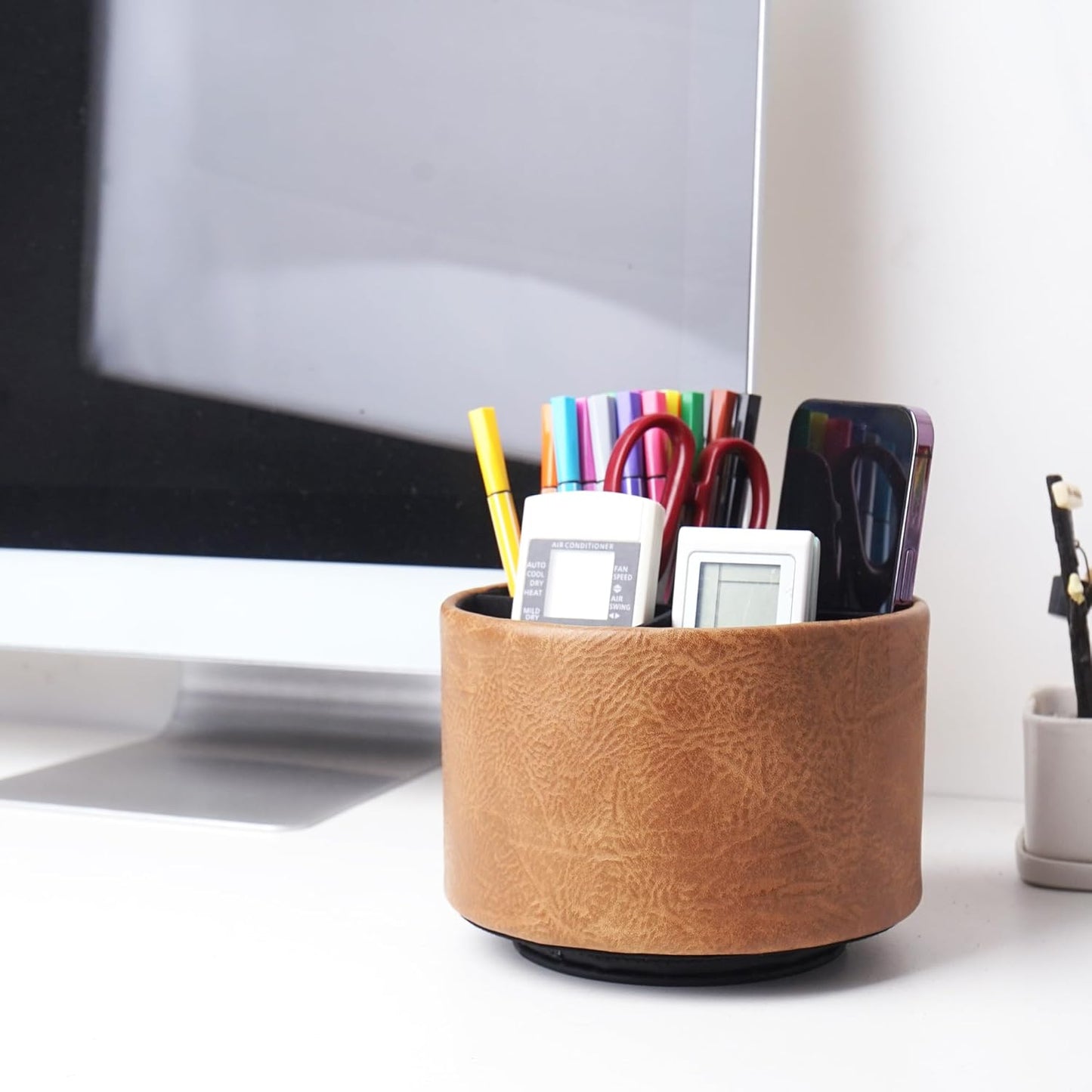 Round Leather Art Supply Organizer,Remote Control Holder,360 Degree Rotating,Multi-Functional Pencil Holder,4 Compartments Desktop Stationary Organizer(1-Fractal Flower) | Round - Colors A