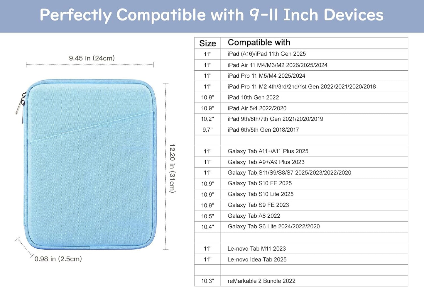 Dadanism 9-11" Tablet Sleeve Bag Carrying Case for iPad (A16) 11th Gen 11", iPad 10th Gen 10.9" Air 5/4, iPad Air M4/Pro 11", iPad 9/8/7th, Galaxy Tab A11+ Plus 11", Remarkable 2 10.3", Black