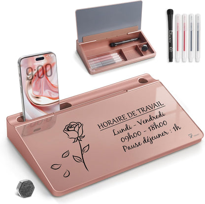 TOWON Small Compact Glass Desktop Whiteboard with Storage – 12 x 7 in Dry Erase Board for Desk, Home Office, School | Includes 5 Markers, Eraser & Holder | Space-Saving Organizer, Aesthetic Rose Gold