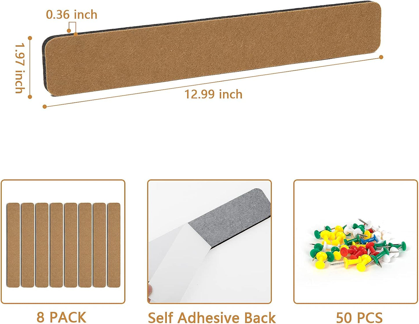 Felt Pin Board Bar Strips Bulletin Board for Bedrooms Offices Home Wall Decoration, Notice Board Self Adhesive Cork Board with 35 Push Pins for Paste Notes, Photos, Schedules
