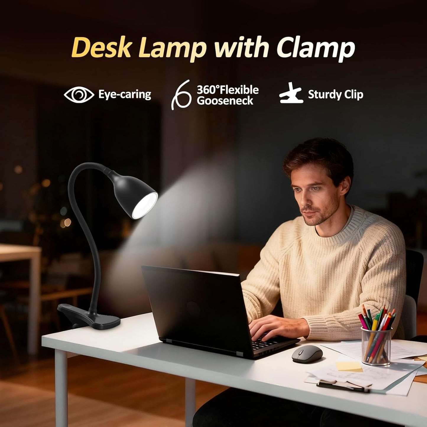 EJIAXIN Desk Lamp for Home Office - Clip on Reading Light and Bed Headboard Clamp Lamp, Bedside Gooseneck Table Lamp, Clip on Desk Lamps, Eye-Caring Desk Lamp for College Dorm Room Study Lamp, White