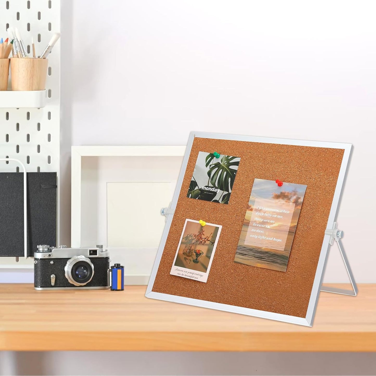 2 Pack Cork Bulletin Board, Double Sided Pin Boards with Silver Aluminum, Desktop Small Cork Boards with Stand Suitable for Home, Office, Desk Message Picture Board 11.8"×11.8"