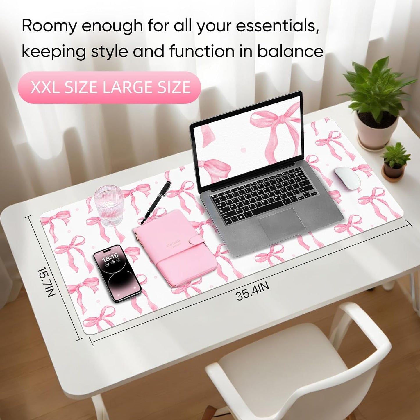 Pink Desk Mat, Leather Desk Pad Blotter Protector, XXL Large Mouse Pad,Computer Laptop Mouse Pads for Desktop,Waterproof Writing Anti-Slip Mousepad for Office and Home I Colorful Stickers