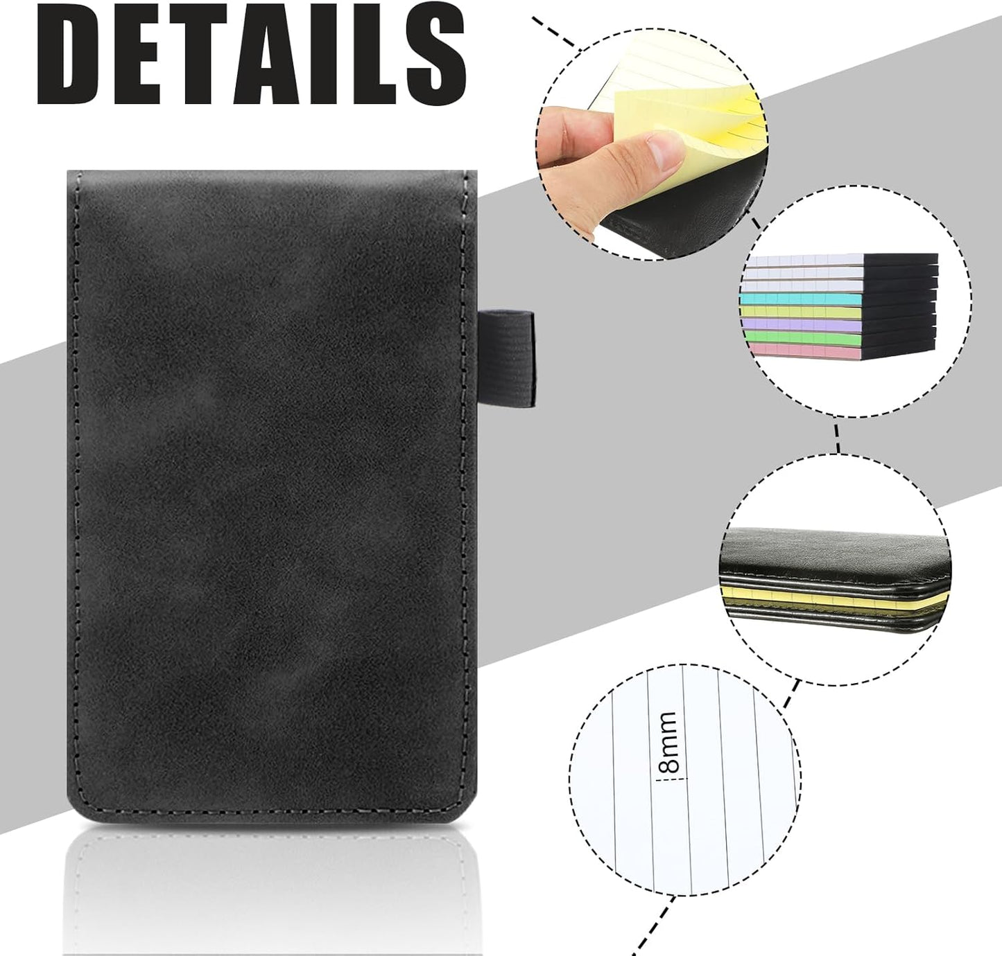 Outus 10 Pcs Mini Pocket Notepad Holder Set Included Small Leather Pocket Notebook Holder with 50 Lined Sheets, Metal Pen, 8 Pcs 3 x 5 Inch Memo Book Refills, 30 Lined Paper Per Note Pad (Black)
