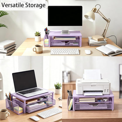 Spacrea Desk Organizer and Accessories, Computer Monitor Stand Riser with Drawer and 2 Pen Holders, Office Desk Accessories & Workspace Organizers for Office Supplies (Wood)
