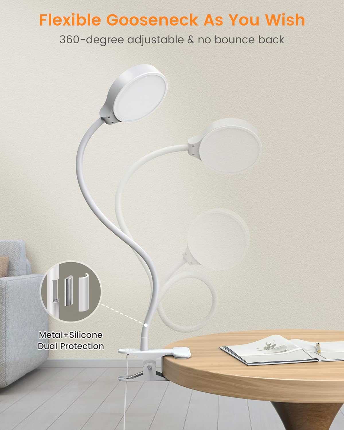 Glocusent 5W Clip on Light, 36LED Eye Caring Reading Light for Bed, 3 Colors & 5 Brightness Clip on Lamp with Adapter, Perfect Reading Light for Bed with Clamp/Bunk Bed/Headboard/Table/Desk
