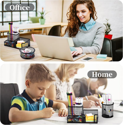 2-Piece Desk Pen & Pencil Organizer - Mesh Metal Pen Cup with Sticky Notes Holder, Black | Pen Cup