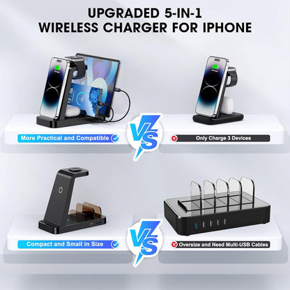 Wireless Charger for iPhone - 5 in 1 Charging Station for Multiple Devices Apple: Fast Wireless Charging Stand Dock for iPhone 17 16e 16 15 14 13 12 Pro Max Apple Watch Airpods