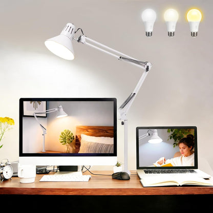 Desk Lamp With Clamp for Home Office, Eye-Caring Clip on Light with Adjustable Extra Tall Metal Swing Arm, High Intensity Clamp Lamp w/LED Bulb, Architect Task Table Lamps for Study, Workbench-B/5000k