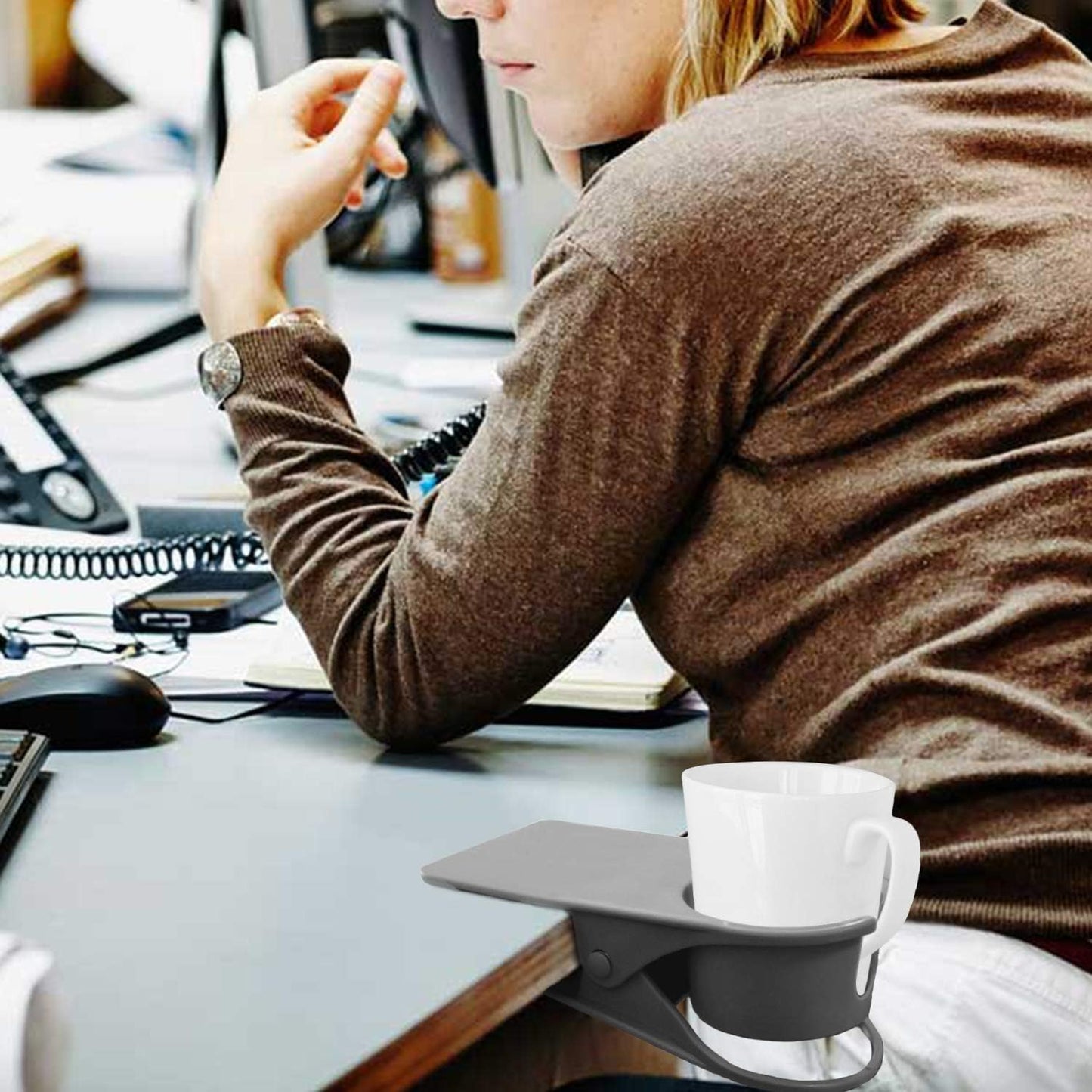 Dirza Upgraded Clip On Cup Holder for Office Chair Table Desk Side to Hold Coffee Mug Water Soda Tea Drinking Bottle Black