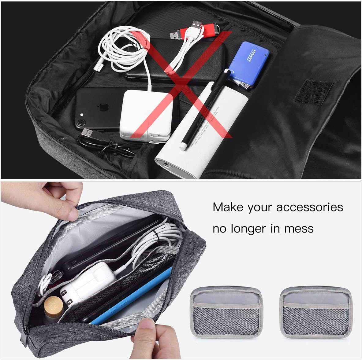 imComor Universal Electronics Accessories Case, 2-Pack Portable Soft Carrying Case Bag Wire Cable Organizer for Hard Drive, Power Adapter, Laptop Mouse, Cosmetics Kit, Small+Big-Black