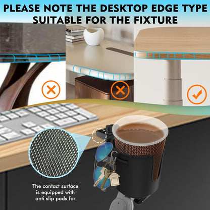 Desk Cup Holder with Headphone Hanger, Clip on Cup Holders for Desks with Spill-Proof Cup Design, Easy to Install, Enough to Hold 8-28OZ Coffee Cups, Water Bottles. (Black, Medium)