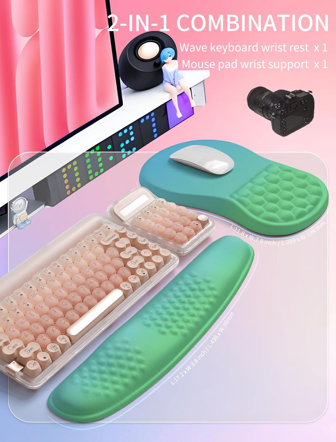 Hokafenle 2in1 Combination, Wave Keyboard Wrist Rest and Ergonomic Curvature Mouse Pad Wrist Support for Relieve Wrist Pain, Filled with Soft Cushion Memory Foam, Black