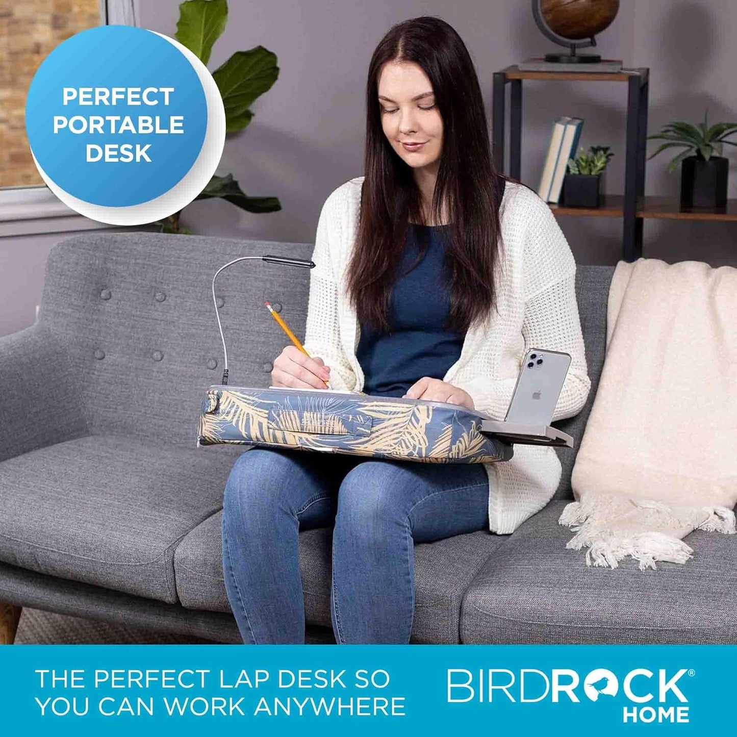 BIRDROCK HOME Deluxe Lap Desk with Memory Foam Cushion, USB Light & Dual Mouse Pads | Fits 15" Laptops, 9.6" Tablets, Phones | Portable Workstation for Teens & Adults | Tropical Grey Pattern