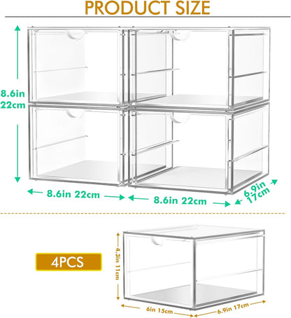 caktraie Makeup Organizer Storage With 16 Drawers, 4 Pcs Desktop Office Supplies, Desk Organizers, Clear Accessories, Dustproof Storage Drawer and for Make Up, Jewelry, Pen, Stationary