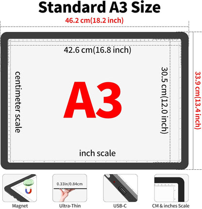 Phylosal Magnetic A3 Light Pad with Bag, Super Bright Light Box with Side Button, Diamond Art Light Board, Lightbox for Tracing and Drawing, USB Power Light Table for Sketching, Weeding Vinyl (White)