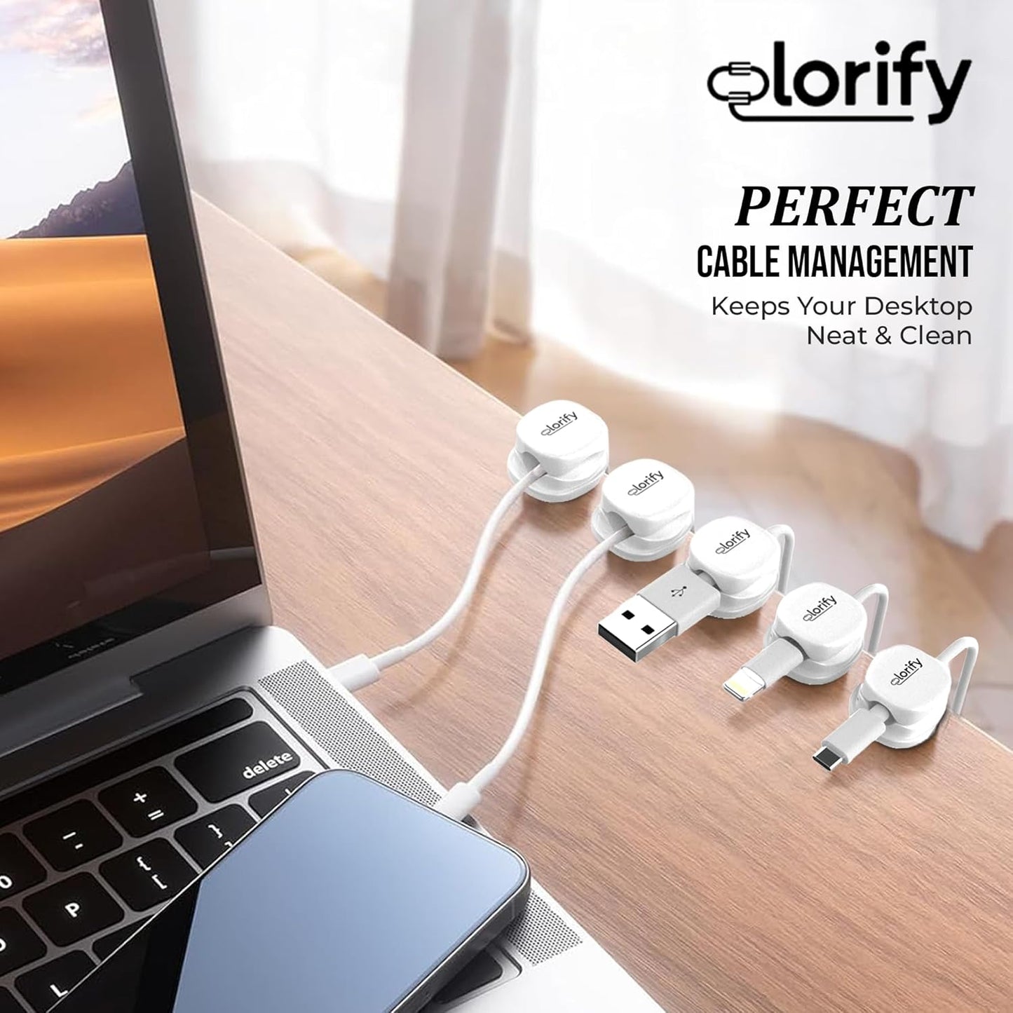 8 Pack Spring Cord Holder Clips [360° Rotatable, 1-Hand Use] — Adhesive Cable Clips for Nightstand, Desk, Wall & Kitchen | Phone Charger Cord Holder | No-Residue | Fits 2.5–8mm Cables
