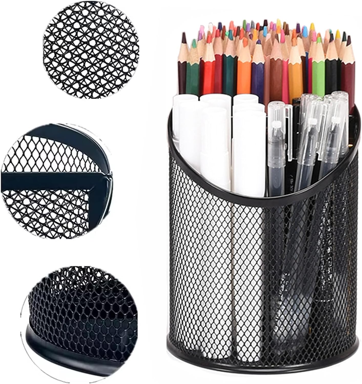MINDEPOT 2 Pack Mesh Pencil Holder Pen Cup for Desk Round Black Pen Holder Desktop Pen Organizer 3 Compartments Pencil Organizer Desk Organizer for Office Home School