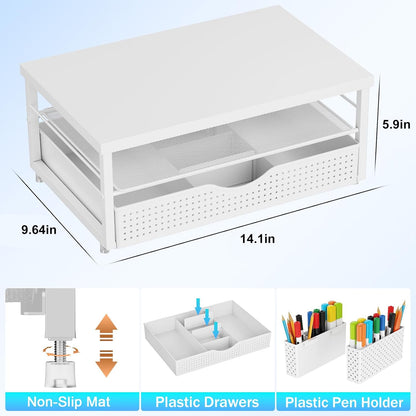 gianotter Monitor Stand Riser, Office Desk Shelf Organizer, Desk Organizer with Drawer and Pen Holder, 2-Tier Computer Stand, Office Organization (Ink)