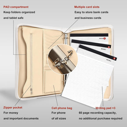 Leathario Portfolio Binder, Includes 10 Sheet Protectors and 3 Notepads, 3-Ring Folder Organizer, A4 Padfolio with Zipper, Vegan Leather Tablet Sleeve, Business Office Conference Clipboards