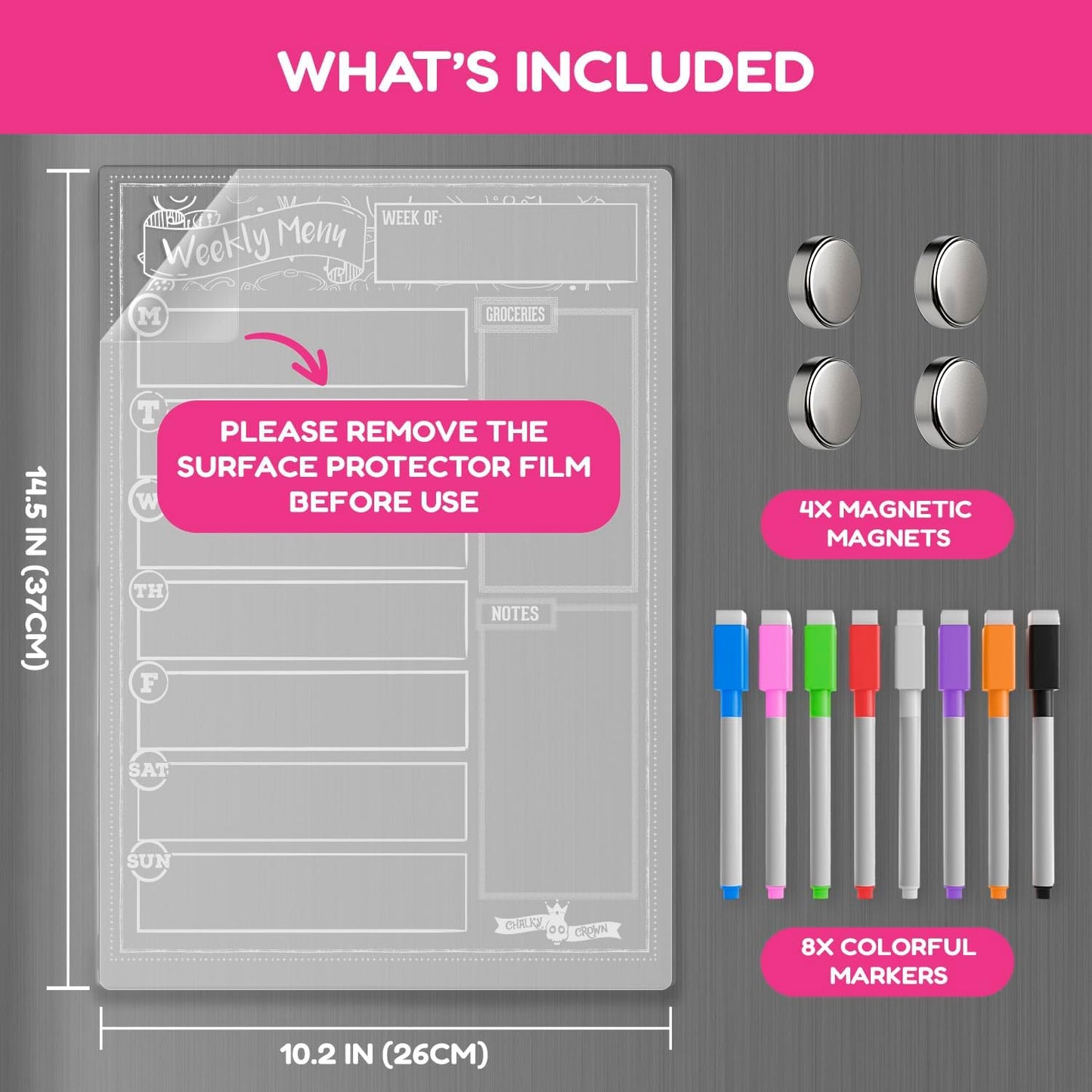 CHALKY CROWN Magnetic Dry Erase Menu Board for Fridge Includes 4 Liquid Chalk Markers - Weekly Meal Planner Blackboard, Grocery List & Notepad for Kitchen Refrigerator - Chalkboard Magnet 15.6" x11.6