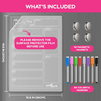 CHALKY CROWN Magnetic Dry Erase Menu Board for Fridge Includes 4 Liquid Chalk Markers - Weekly Meal Planner Blackboard, Grocery List & Notepad for Kitchen Refrigerator - Chalkboard Magnet 15.6" x11.6
