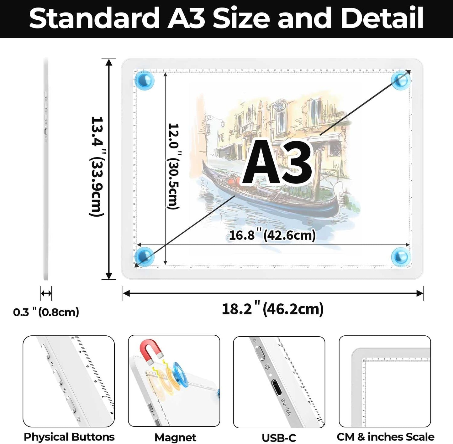 Heanolier A4 LED Copy Board Light Tracing Box,Super Bright Magnetic Light pad with Side physical Buttons,Adjustable Corded Light Table for Tattoo Transferring,Drawing, Light Board for Diamond Painting