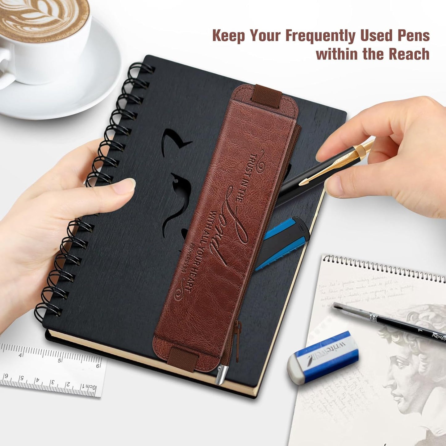 FINPAC 2-Pack Elastic Pen Holder for Notebook, Leather Pen Holder Stationery Zipper Bag for Pencils, Markers, Pen Pouch w/Elastic Band for Bible Journaling, Planners, Tablets, Brown