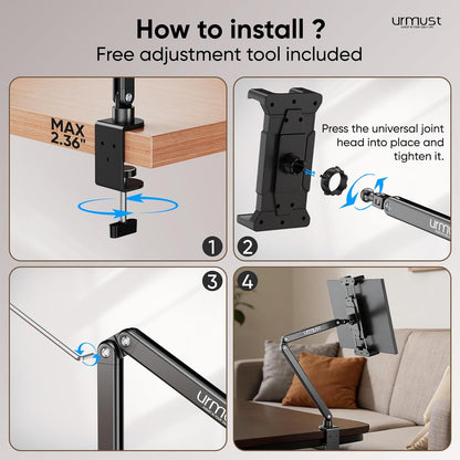 Urmust Tablet Stand for Desk, Adjustable iPad Holder for Bed, 360° Rotation, Sturdy Aluminum Tablet Arm Mount for 4.7"-15.6" iPad Pro/Air/Mini, iPhone, Galaxy Tab, for Kitchen, Work, Video Call
