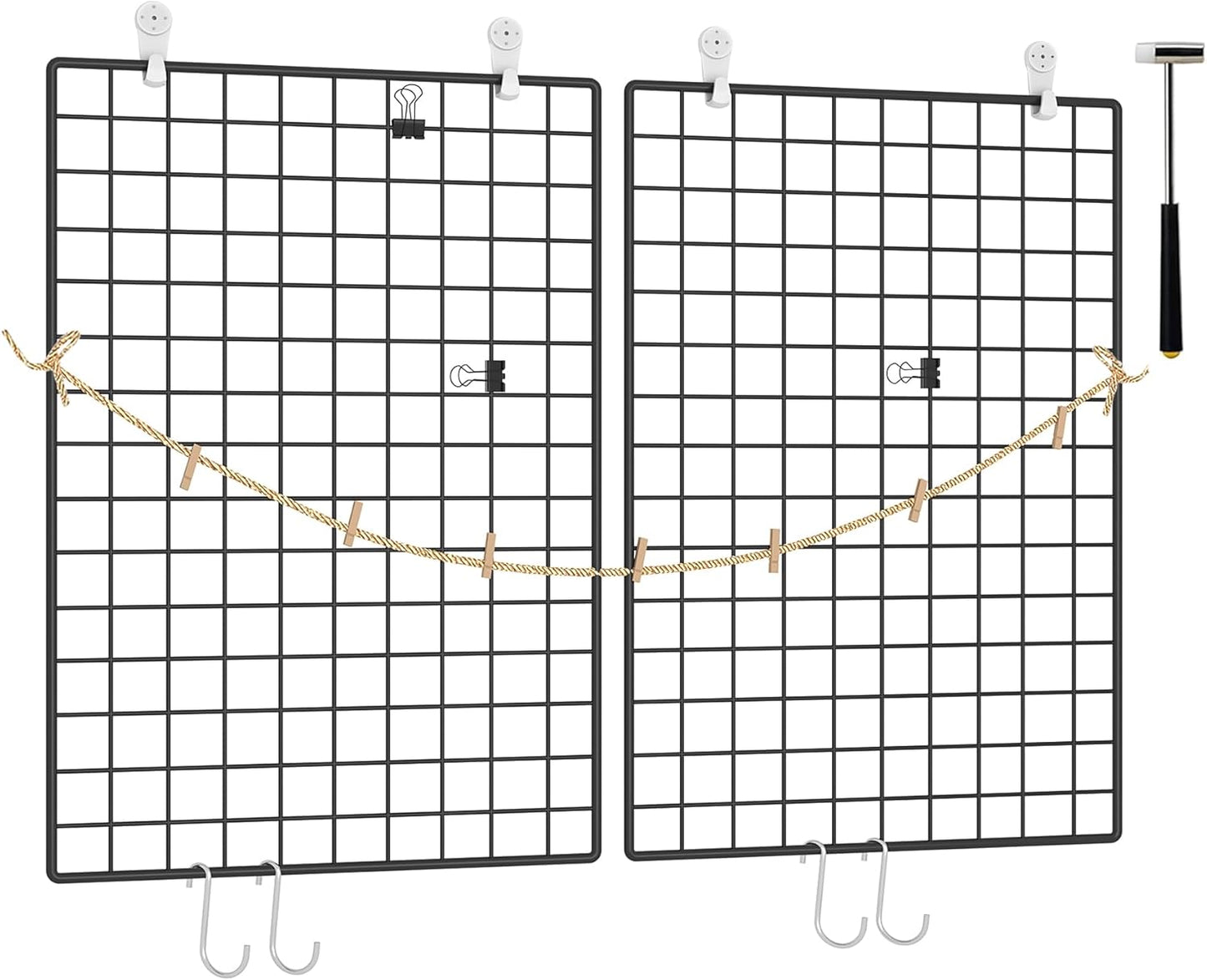 C&AHOME Photo Wall Display Set of 2, Grid Panel with Hooks, Clips, Hemp Cord, Hammer - 15.7" x 11.8", White UWWGM3402W