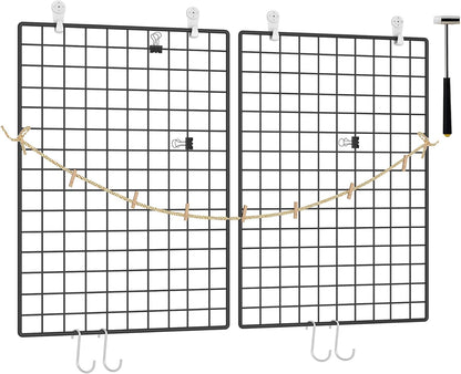 C&AHOME Photo Wall Display Set of 2, Grid Panel with Hooks, Clips, Hemp Cord, Hammer - 15.7" x 11.8", White UWWGM3402W
