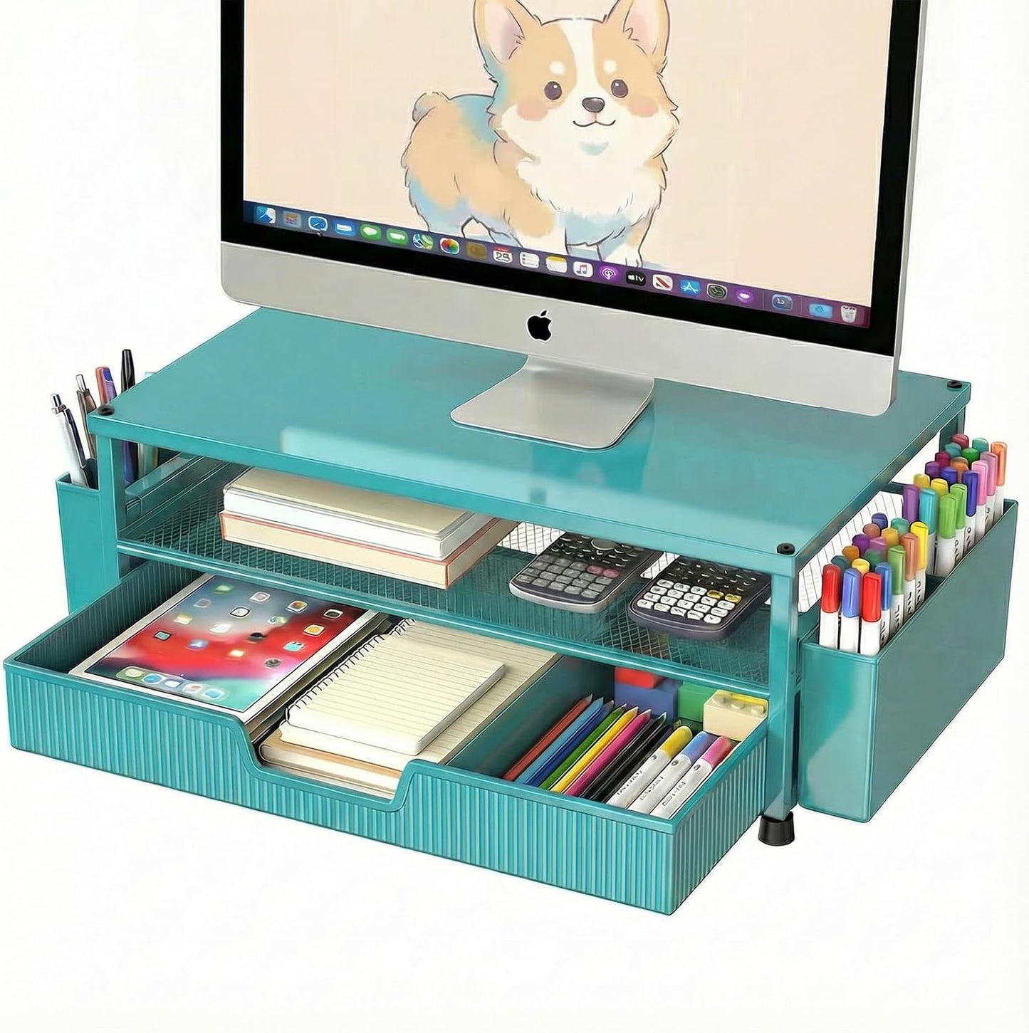 ECOLOVI Desk Organizer and Accessories, 2-Tier Computer Monitor Stand Rise with Storage Drawer & 2 Pen Holders, Laptop & Printer Stand for Desktop, Workspace Organizers for Office Supplies (Brown)